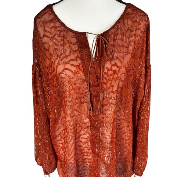 Lane Bryant Blouse Womens 14/16 Burnt Orange Sheer Boho Peasant Top Long Sleeve - Picture 2 of 11